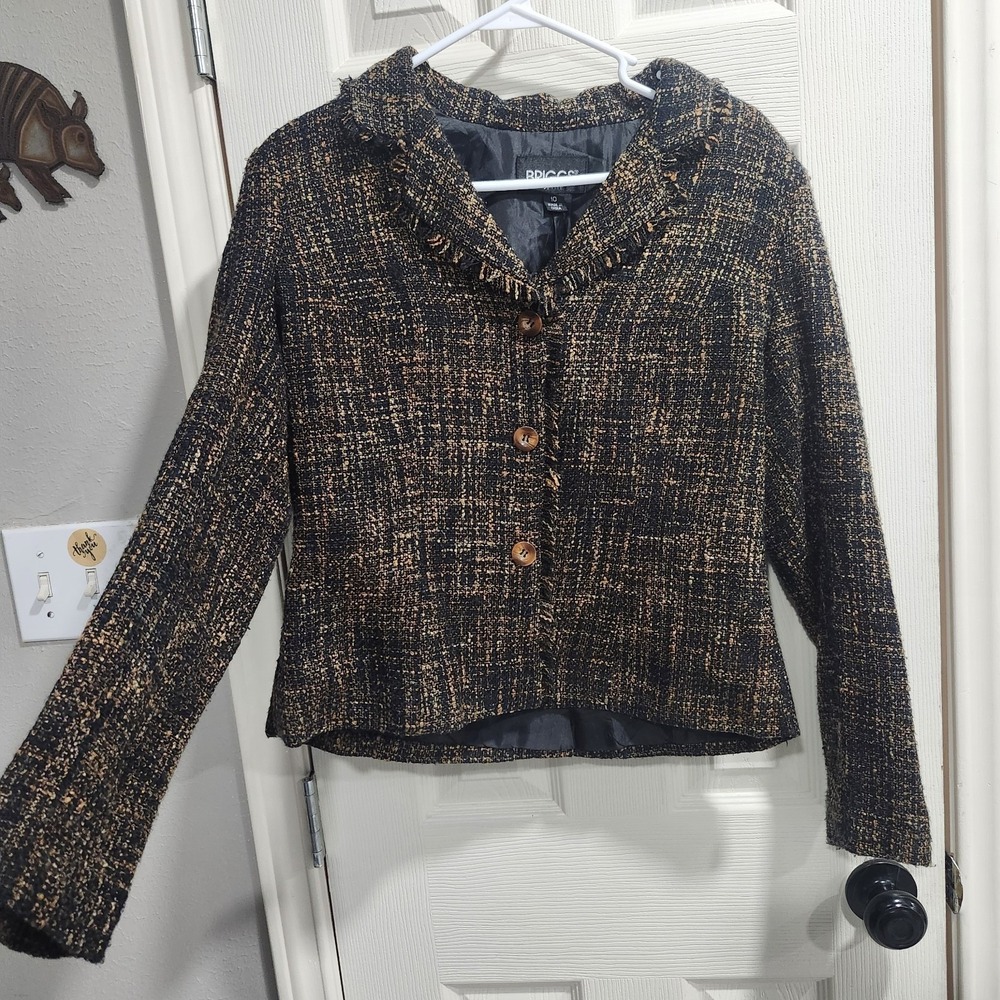 Briggs Petite Women's Blazer Size 10 Black Gold‎ Textured Jacket Lined - Picture 2 of 10